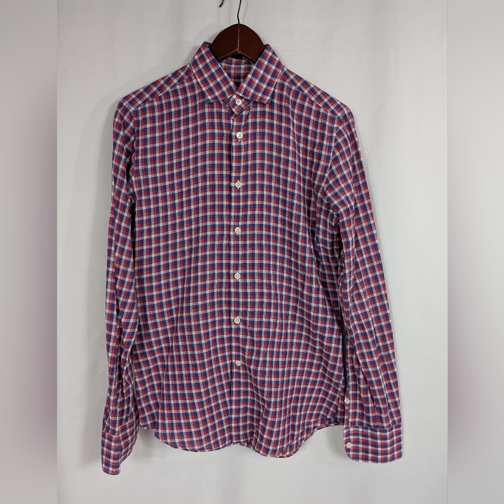 Glanshirt Slowear Mens 39 15.5 Button Up Dress Shirt Red Blue Checkered A005